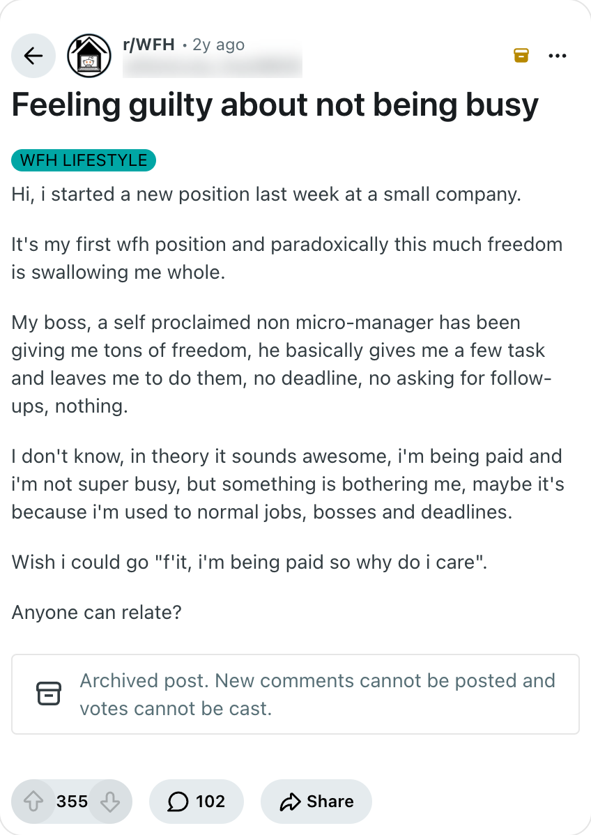 레딧 r/WFH 글 캡처: Feeling guilty about not being busy
