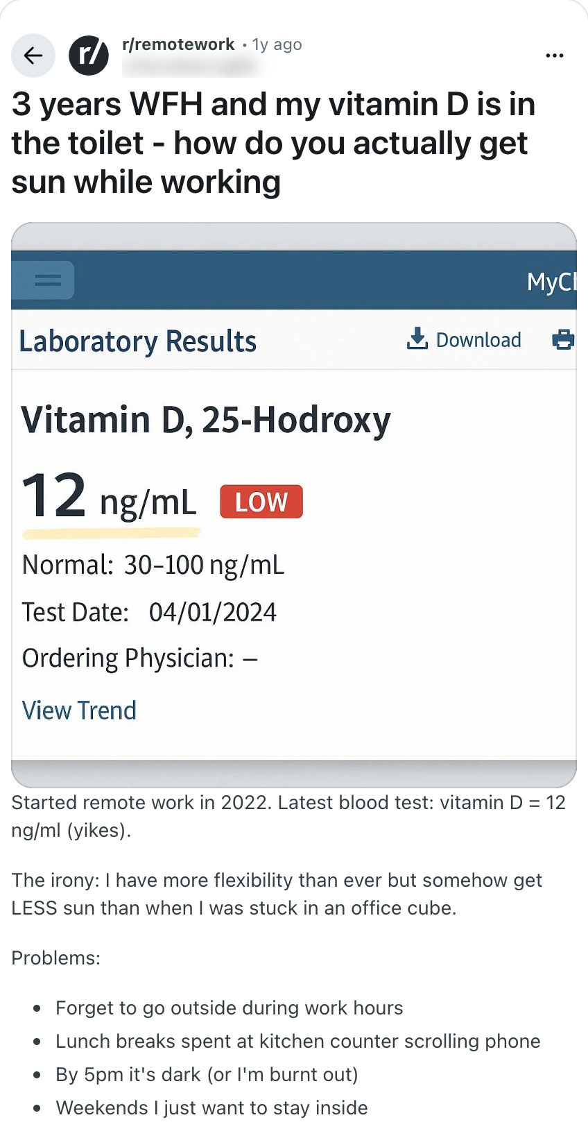 레딧 r/remotework 글 캡처: 3 years WFH and my vitamin D is in the toilet