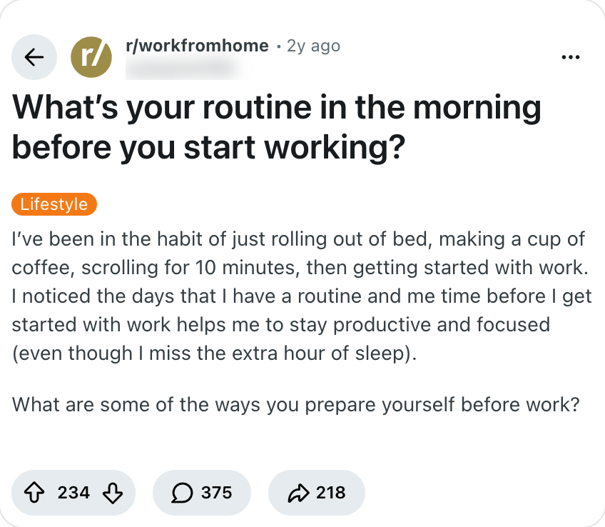 레딧 r/workfromhome 글 캡처: What is your routine in the morning before you start working?