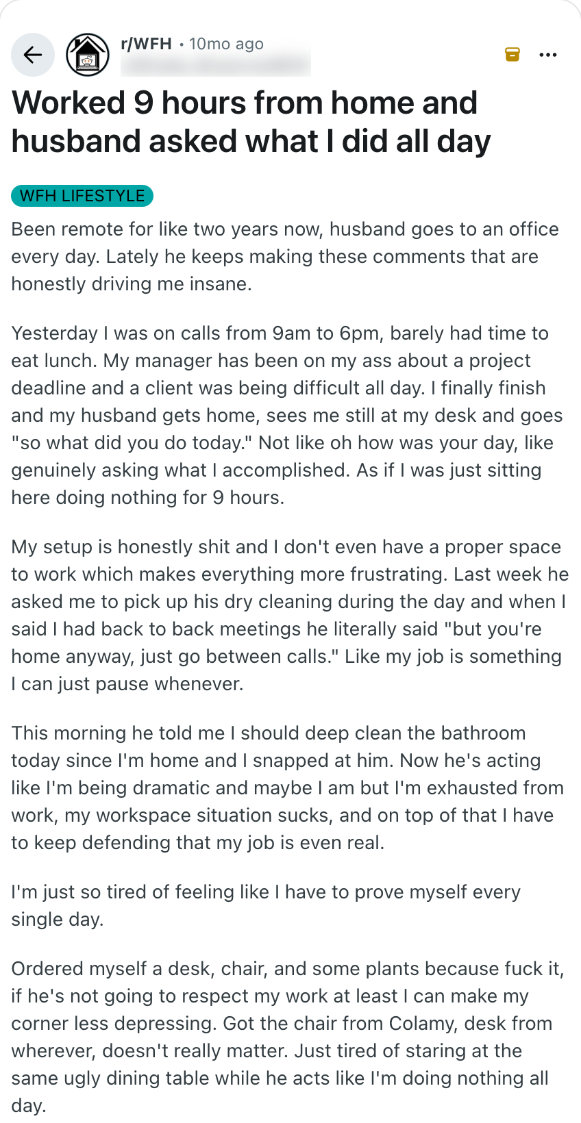 레딧 r/WFH 글 캡처: Worked 9 hours from home and husband asked what I did all day