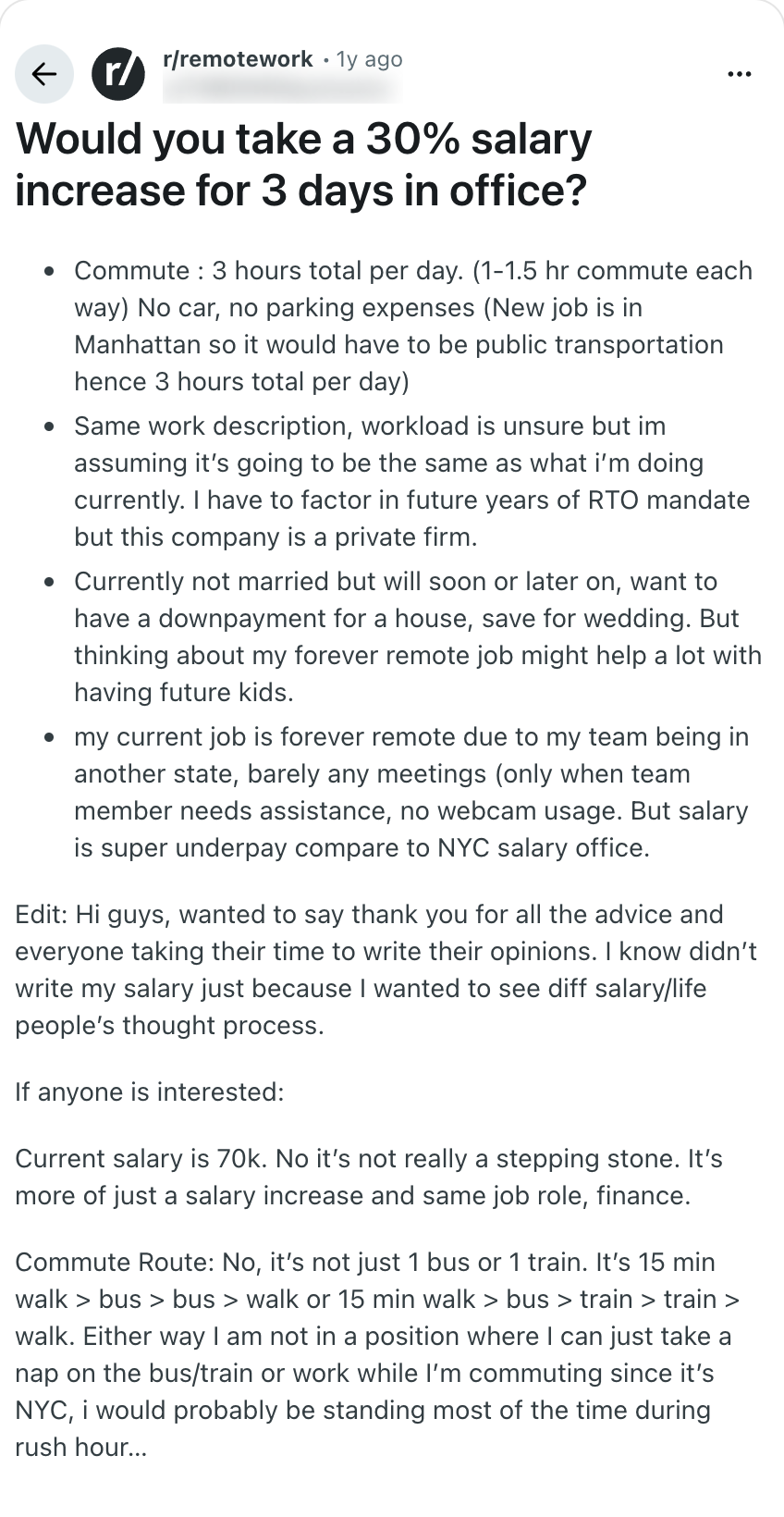 레딧 r/remotework 글 캡처: Would you take a 30% salary increase for 3 days in office?